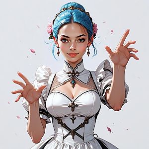 Elegant Woman with Blue Hair in White Dress