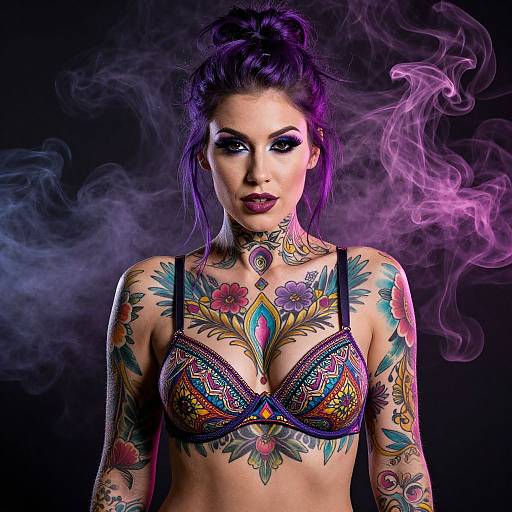 Tattooed Woman with Purple Hair and Vibrant Artistic Body Art