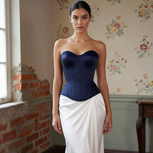 Elegant Woman in Navy Blue Corset and White Skirt Indoor Fashion Portrait