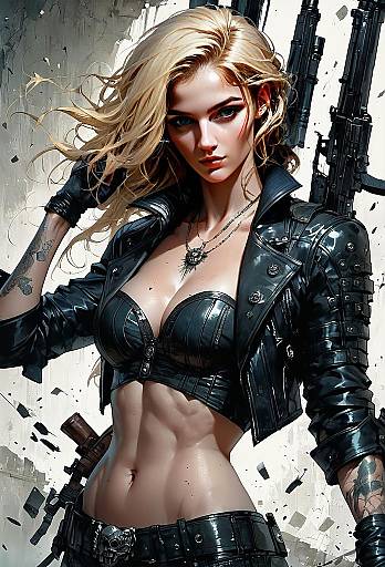 Strong Blonde Woman in Black Leather Cyberpunk Style with Weapons