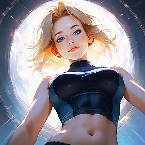 Confident Woman with Blue Eyes in Futuristic Light