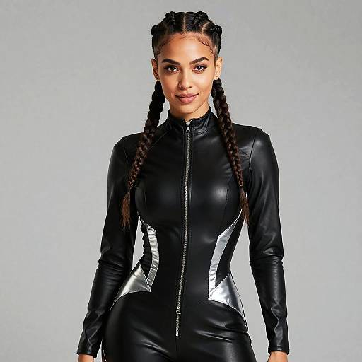Gen Z Woman in Black Leather Bodysuit with Braided Hair