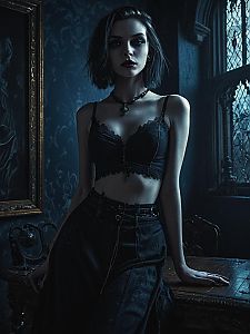 Gothic Portrait of Woman in Black Lace Crop Top with Antique Interior