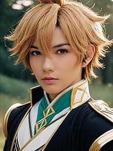 Close-Up Headshot of Man in Detailed Childe Genshin Impact Costume