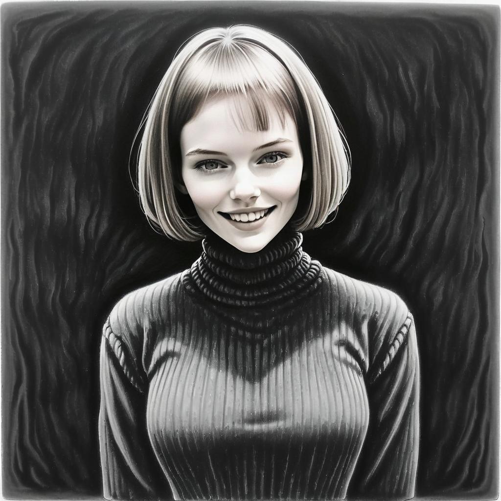 Monochrome Portrait of Smiling Woman in Ribbed Turtleneck Sweater