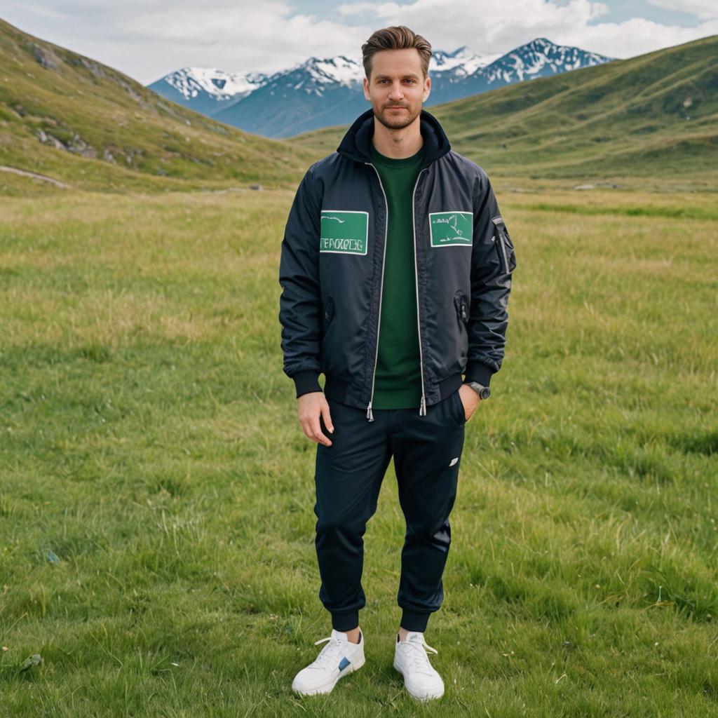 Confident man in sporty jacket in grassy field