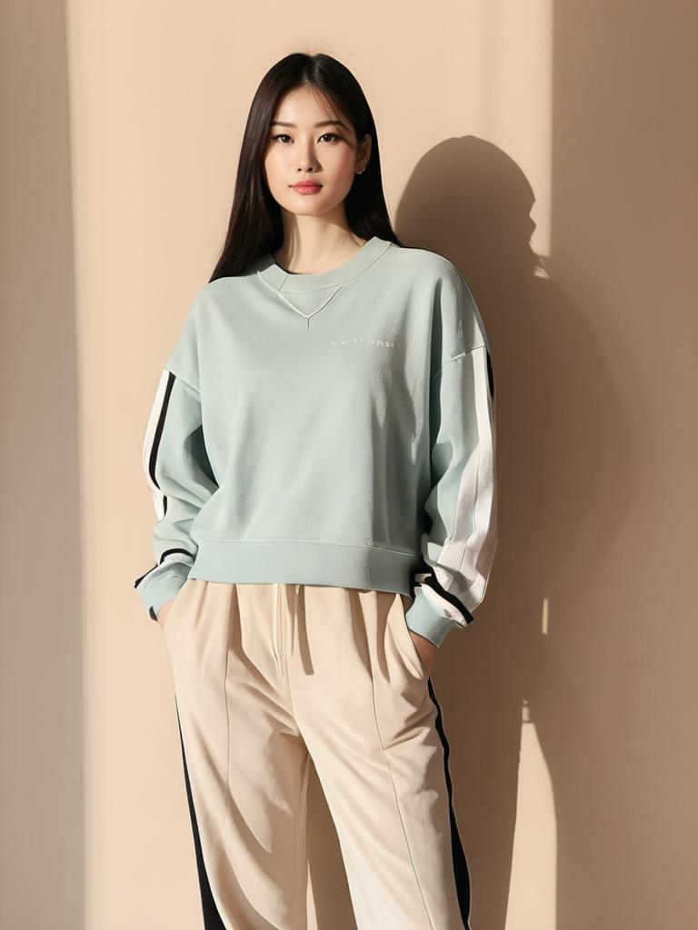 Casual Sporty Woman Wearing Light Blue Crew Neck Sweatshirt and Beige Track Pants