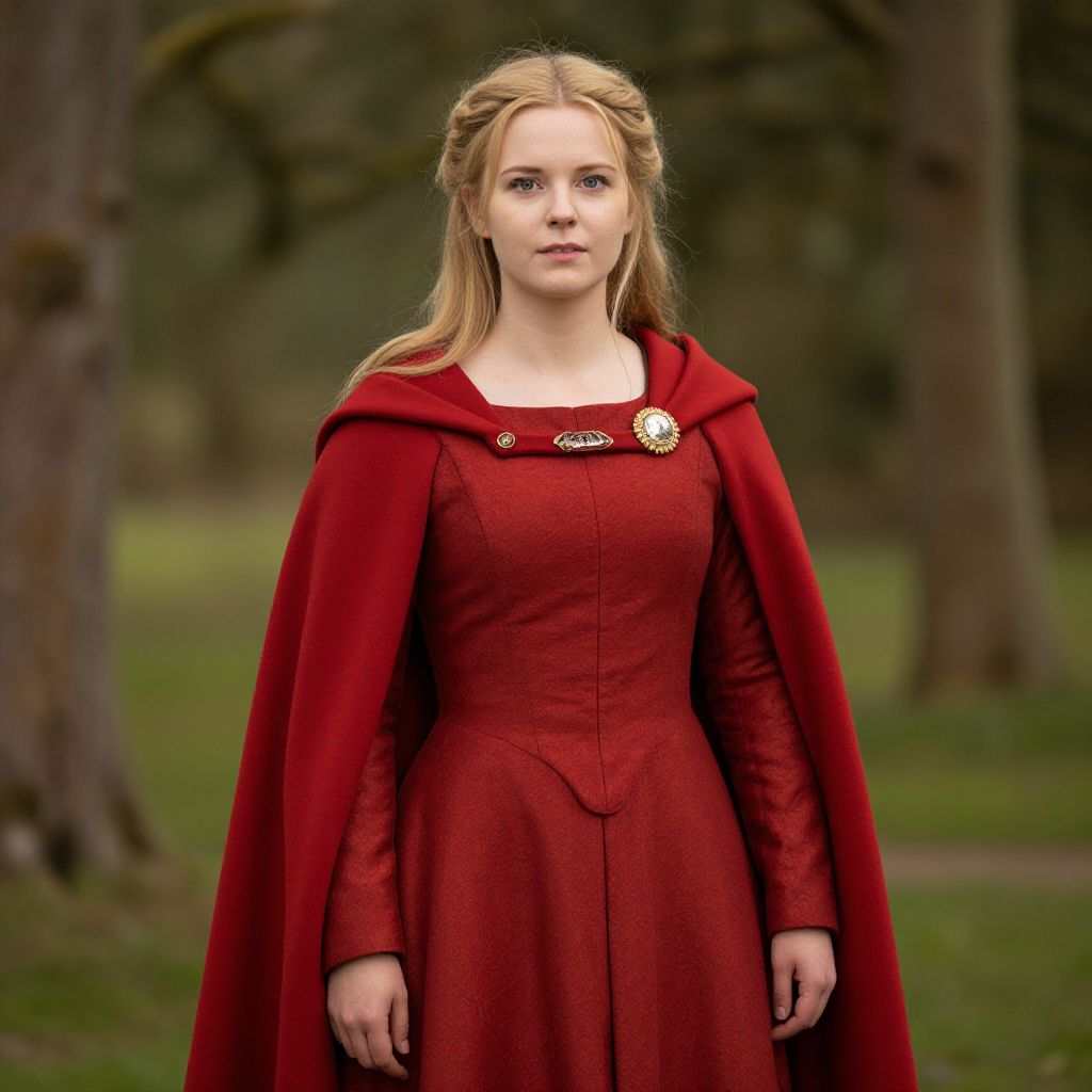 Young Woman in Medieval Red Gown and Cloak Outdoors
