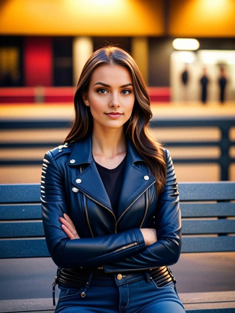 Stylish Young Woman in Black Leather Jacket