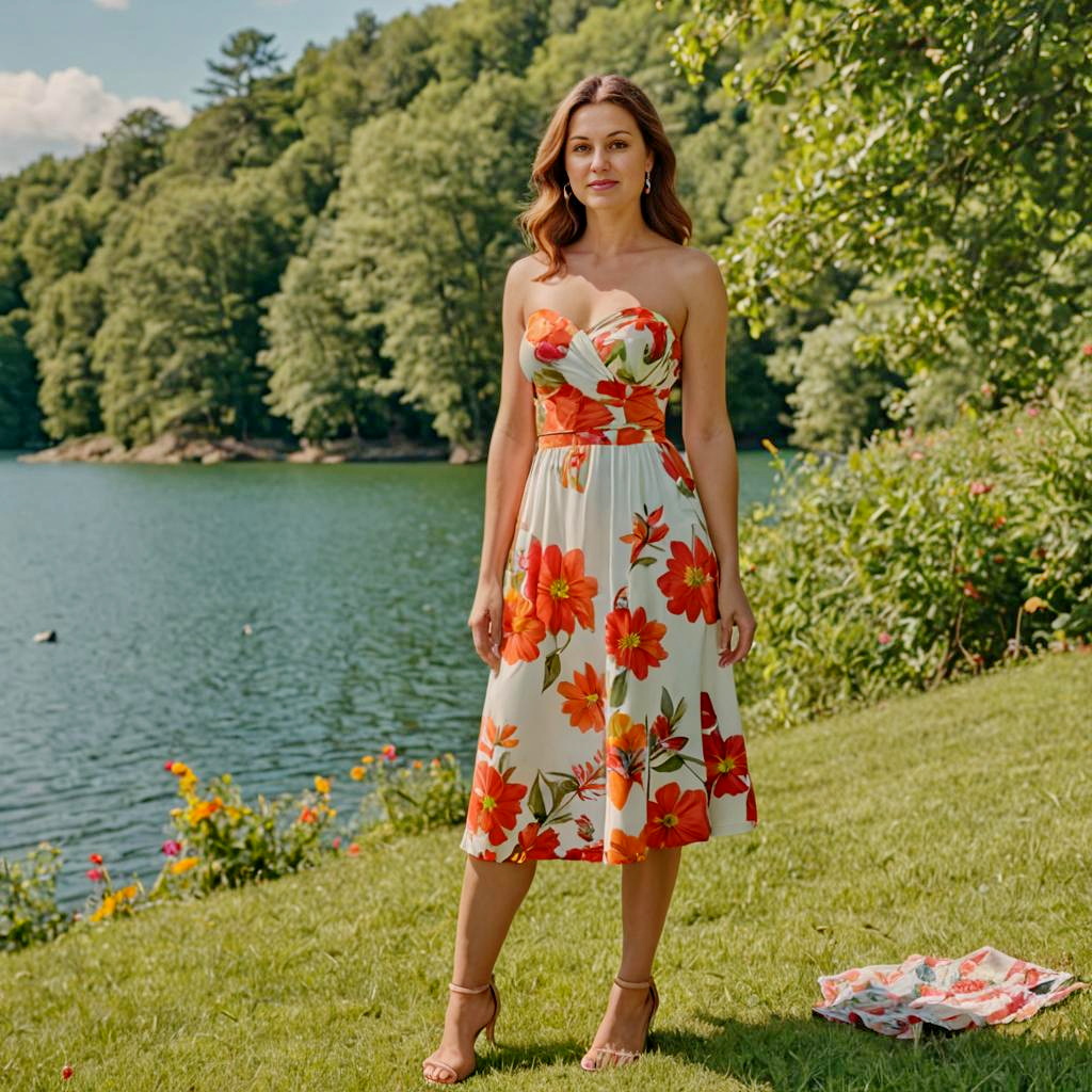 Woman in Floral Summer Dress by Serene Lake