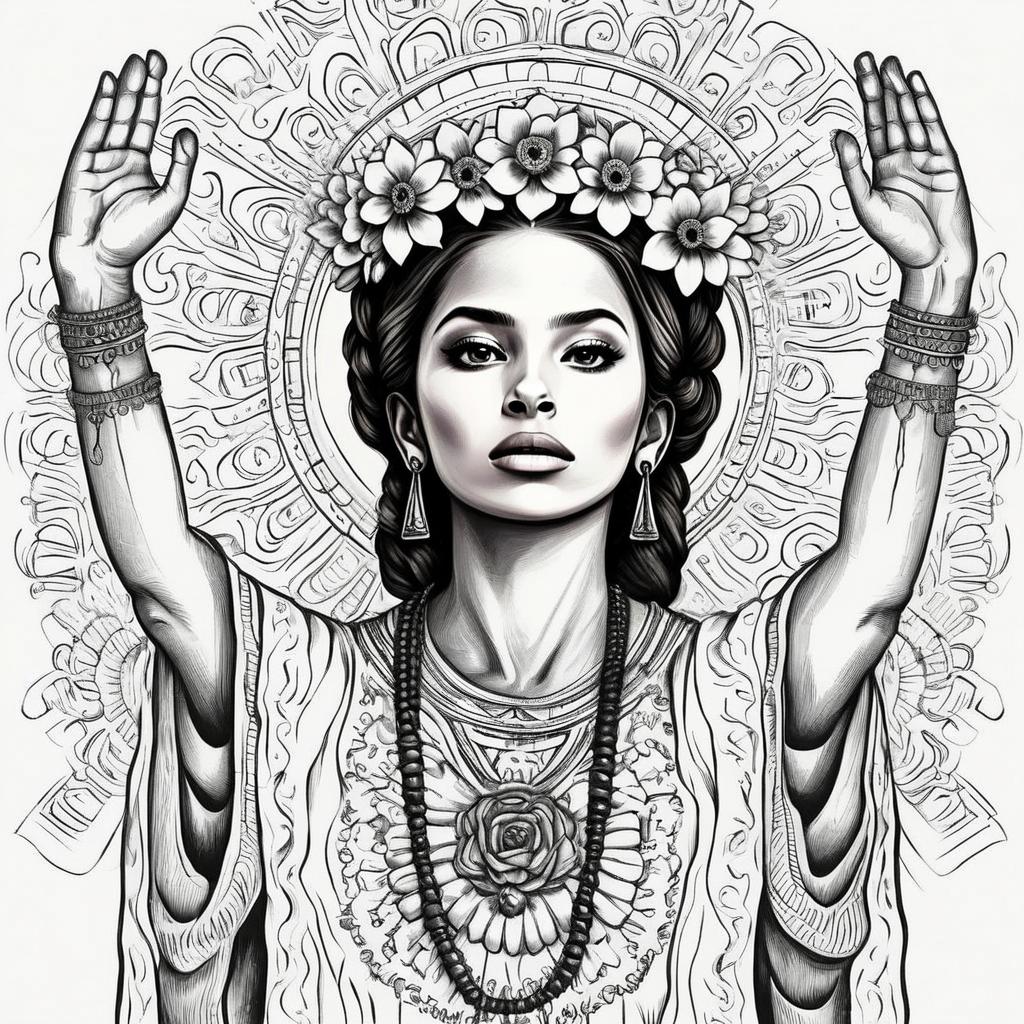 Monochromatic portrait of a woman in floral crown and traditional attire Monochromatic portrait of a woman in floral crown and traditional attire
