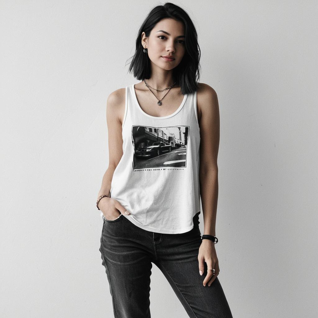Woman in Casual Streetwear Lightweight White Tank Top with Graphic Print