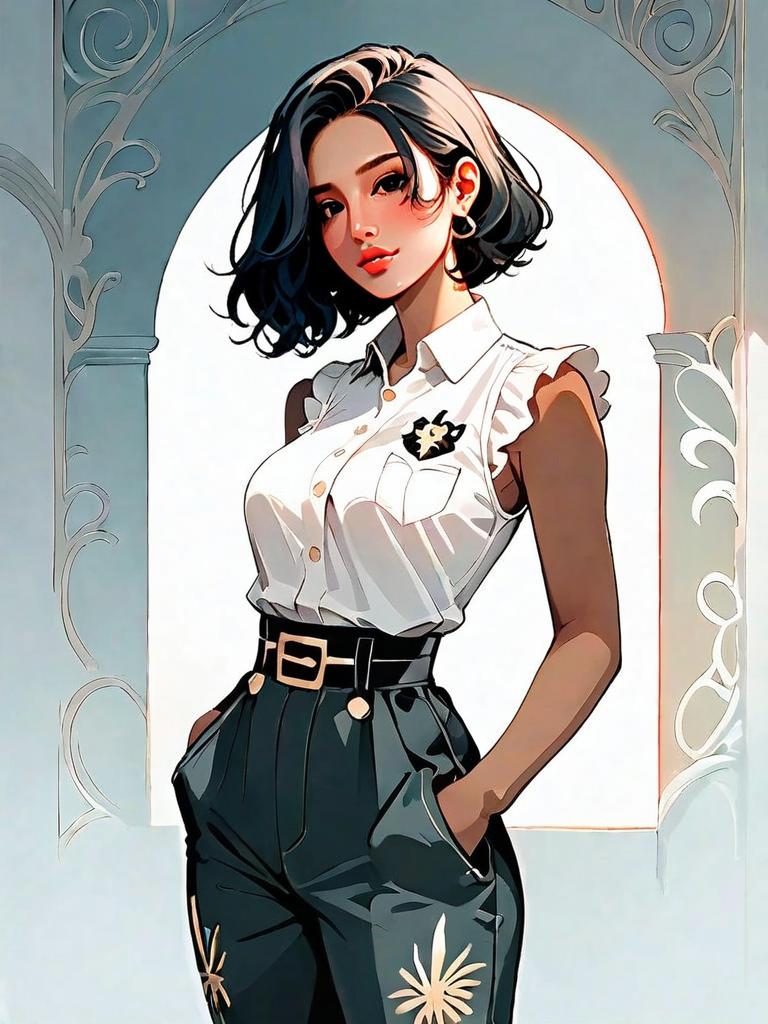 Stylish Young Woman Digital Illustration in Modern Anime Style