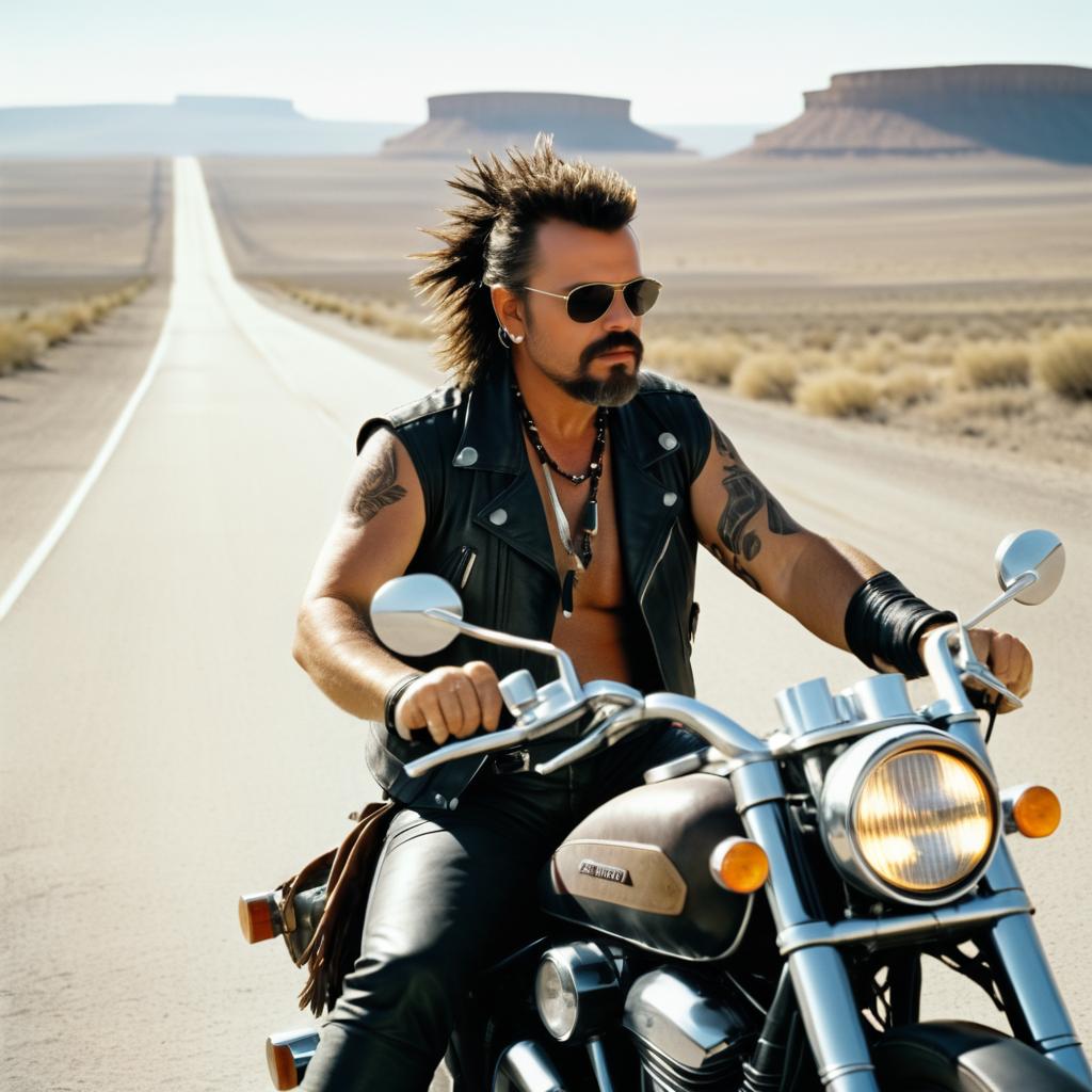 Rugged Man on Motorcycle in Desert