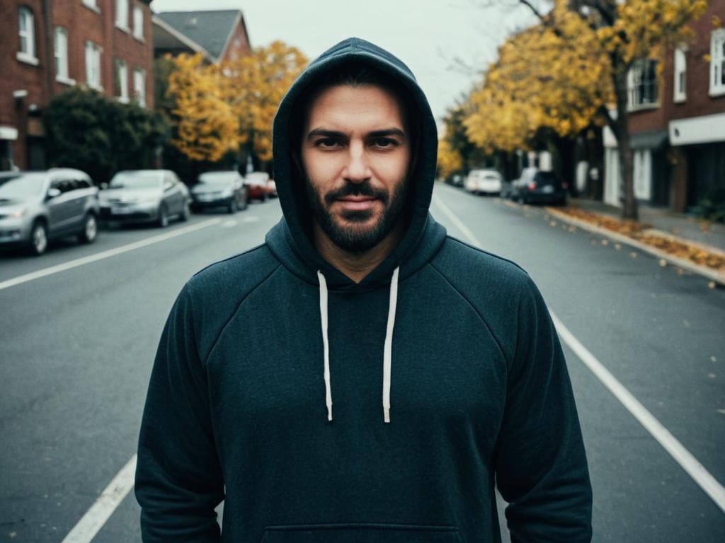 Man in Hoodie Standing on Urban Street with Autumn Background