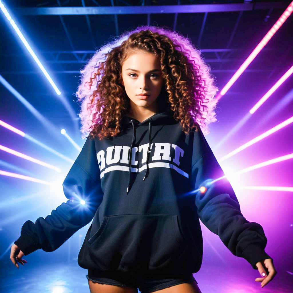 Young Woman in 'BUILT' Hoodie with Colorful Lights