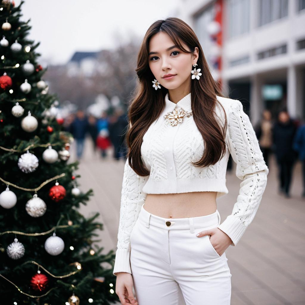 Fashionable Woman in White Christmas Outfit Posing by Decorated Tree
