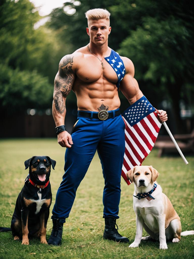 Muscular Man Holding American Flag with Two Dogs in Outdoor Park