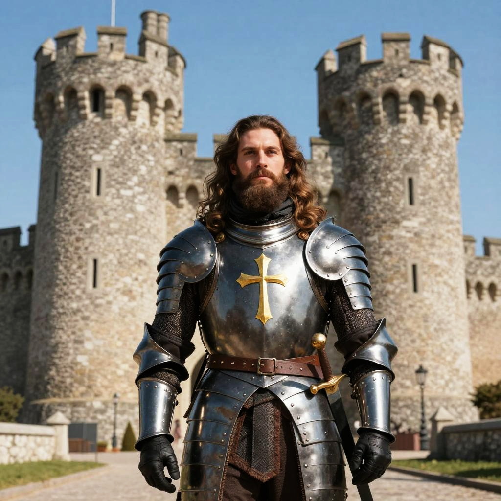 Medieval Knight in Armor Stands Before Historic Castle