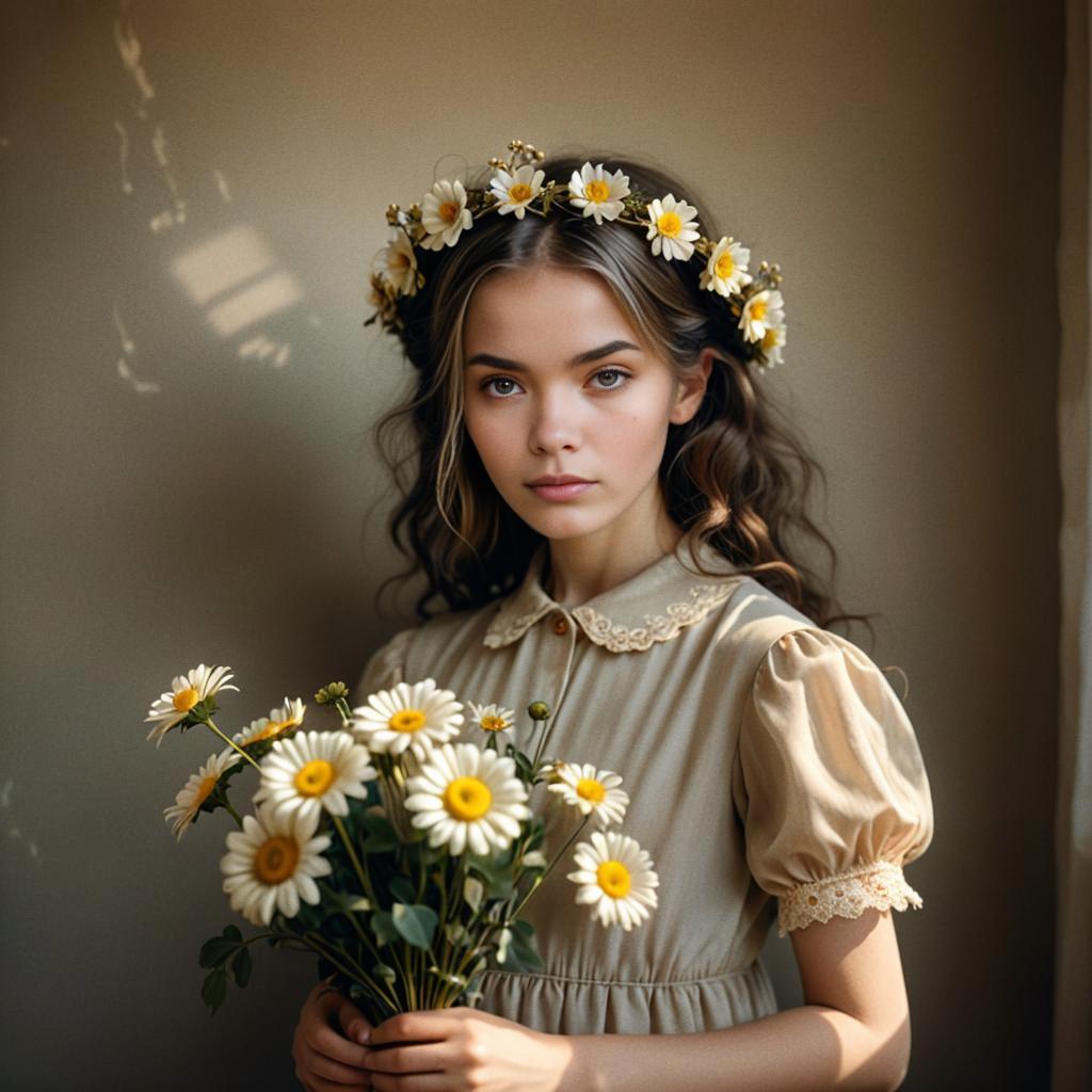 Young Woman with Daisies and Floral Crown