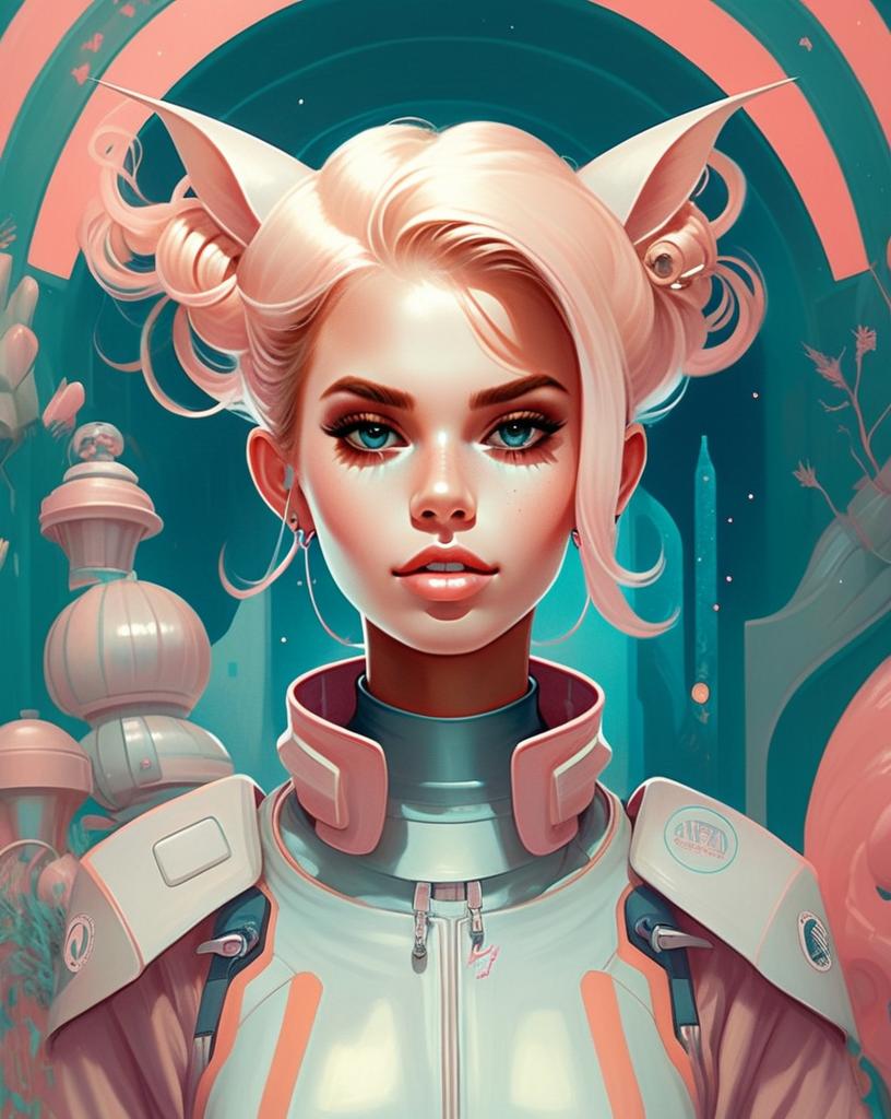 Futuristic Woman with Cat Ear Buns in Sci-Fi Setting