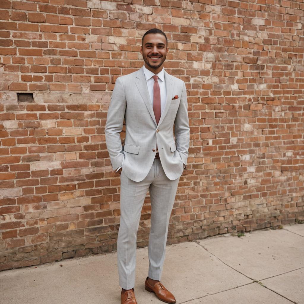 Confident Man in Gray Suit Against Brick Wall