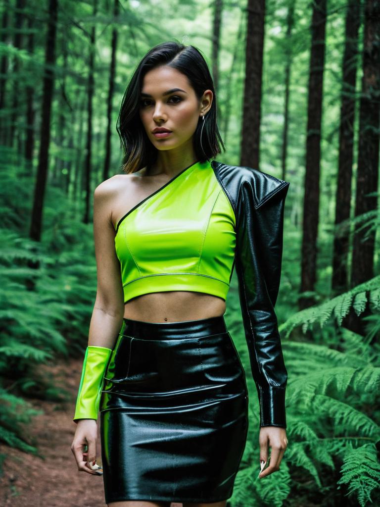 Woman in Neon Green and Black Leather Fashion Outfit in Forest