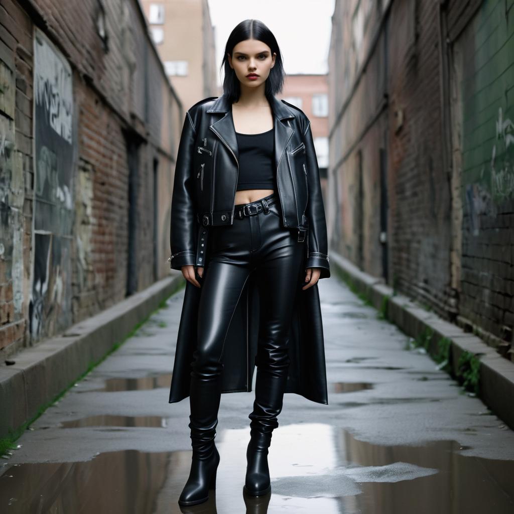 Confident Woman in Black Leather Outfit in Urban Alley