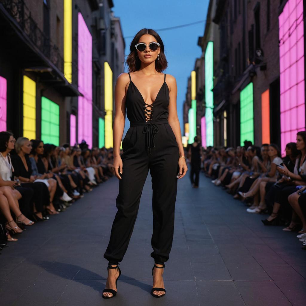 Elegant Woman in Black Jumpsuit on Urban Catwalk