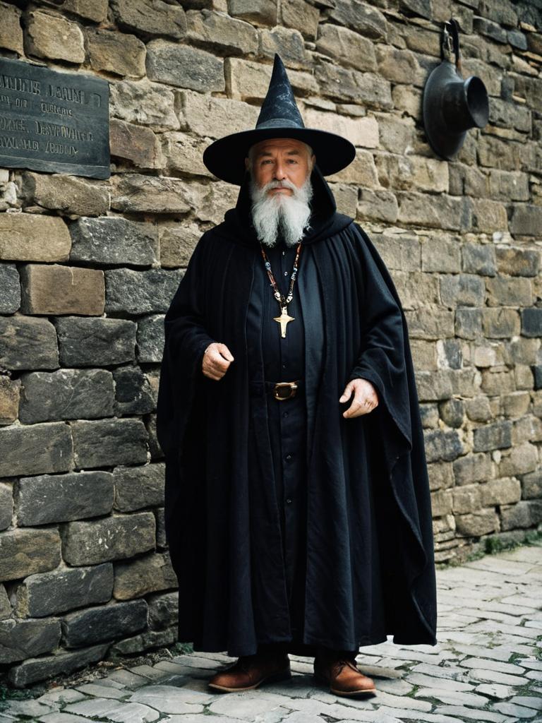 Elderly Man in Black Wizard Costume with Pointed Hat and Cloak