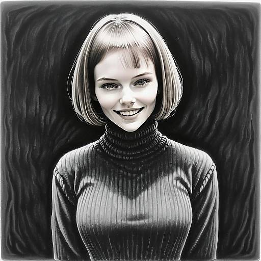Monochrome Portrait of Smiling Woman in Ribbed Turtleneck Sweater