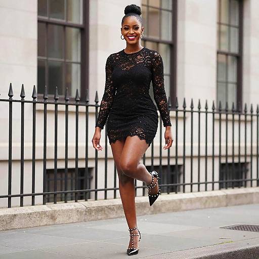 Woman in Black Lace Mini Dress and Studded Heels Walking on Urban Sidewalk