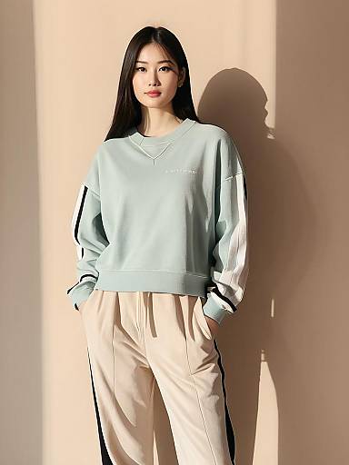Casual Sporty Woman Wearing Light Blue Crew Neck Sweatshirt and Beige Track Pants