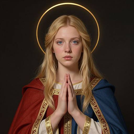 Medieval Style Woman with Halo Praying in Ornate Robe