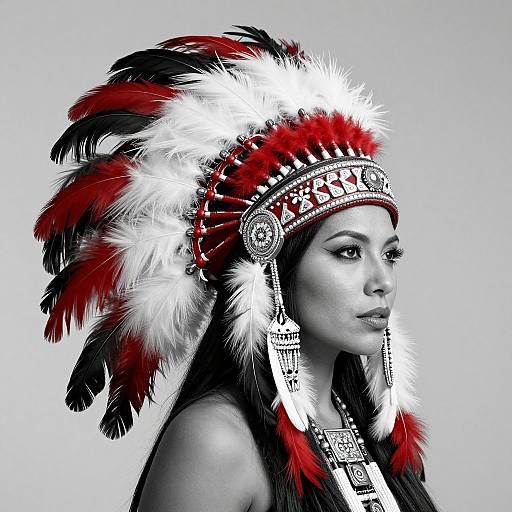 Portrait of Woman in Red and White Native American Feather Headdress