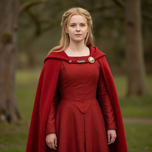 Young Woman in Medieval Red Gown and Cloak Outdoors