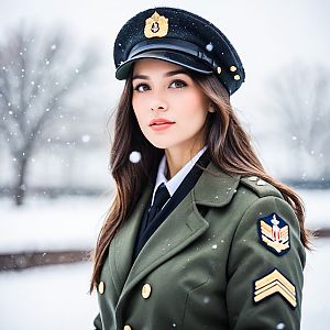 Young Woman in Military Coat in Snow