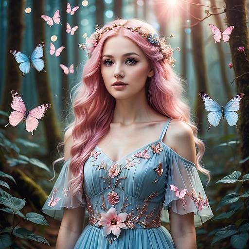 Enchanting Pink-Haired Woman in Floral Gown with Butterflies in Fantasy Forest
