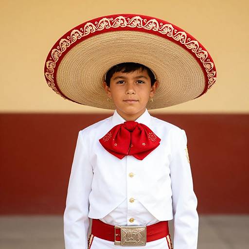 Young Boy in Traditional Mexican Charro Outfit with Sombrero