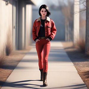 Confident woman in red jacket walking in urban setting