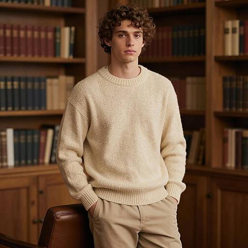 Young Man in Cozy Knit Sweater Standing by Bookshelf