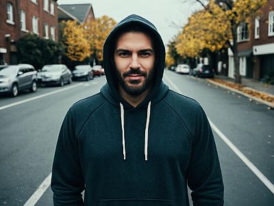 Man in Hoodie Standing on Urban Street with Autumn Background
