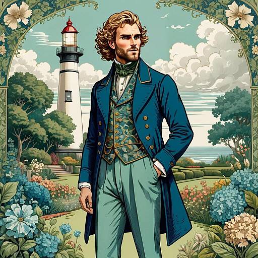 Victorian Gentleman in Garden by Lighthouse Illustration