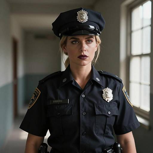 Confident Woman Police Officer in Uniform Standing in Hallway