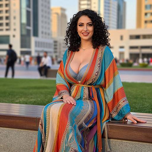 Woman Sitting on Bench in Vibrant Striped Kaftan Urban Park
