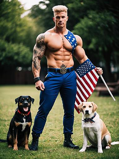 Muscular Man Holding American Flag with Two Dogs in Outdoor Park