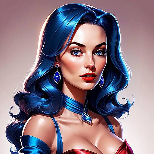 Glamorous Woman with Blue Hair and Jewelry Digital Art Portrait