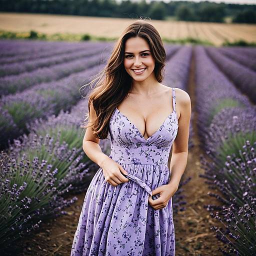 Beautiful Woman in Lavender Dress Standing in Lavender Field