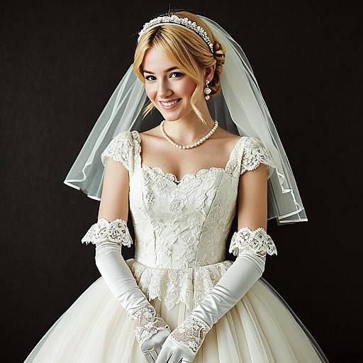 Vintage Lace Wedding Dress Bride with Pearl Accessories and Veil