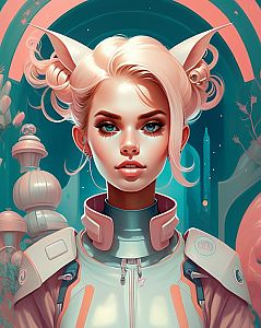 Futuristic Woman with Cat Ear Buns in Sci-Fi Setting